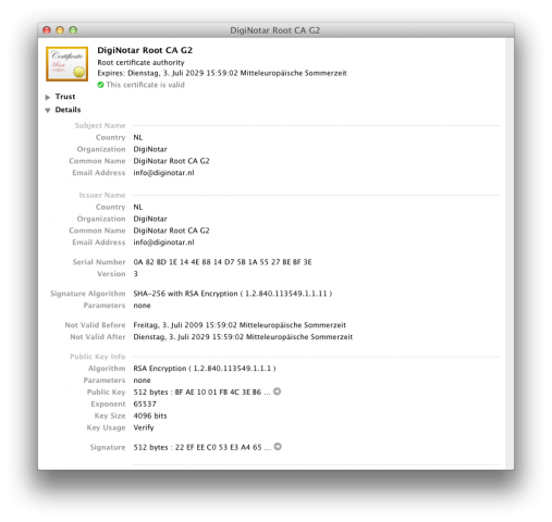 Diginotar-Zertifikate unter Mac OS X